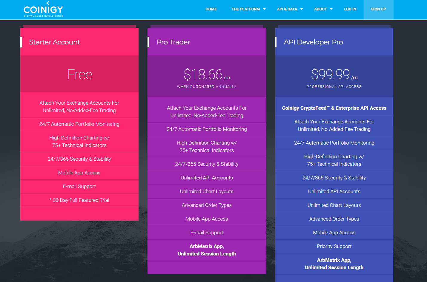 Coinigy, on the other, sticks to a three-tiered subscription package that includes a Starter Account, a Pro Trader plan, and an API Developer Pro plan.