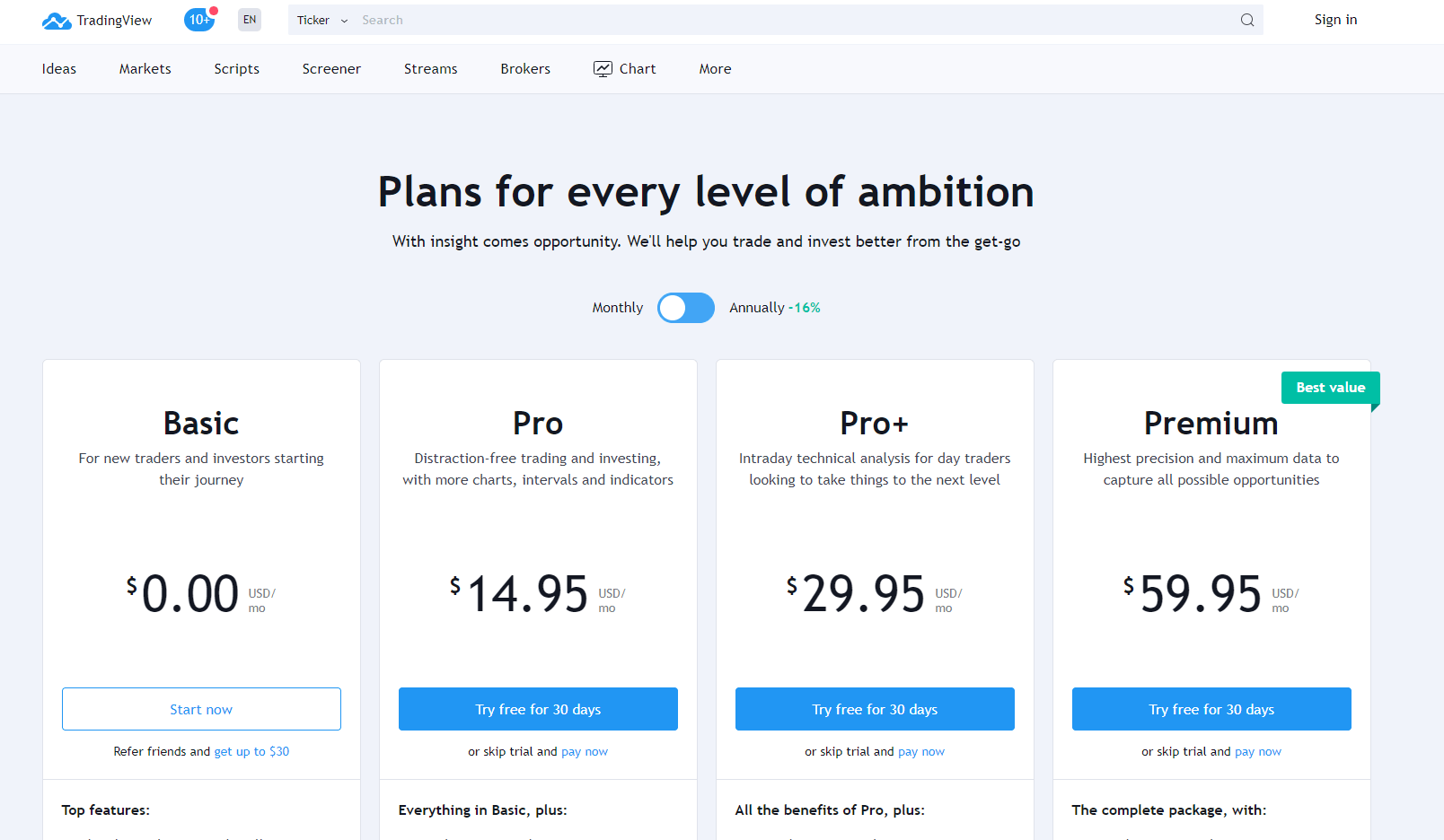 TradingView, it offers Basic, Pro, Pro+, and Premium multi-tier subscription plans