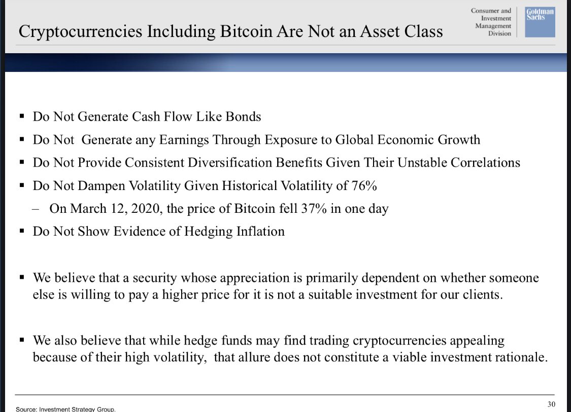 Goldman Sachs’ analysts took a derogatory shot at Bitcoin’s eligibility