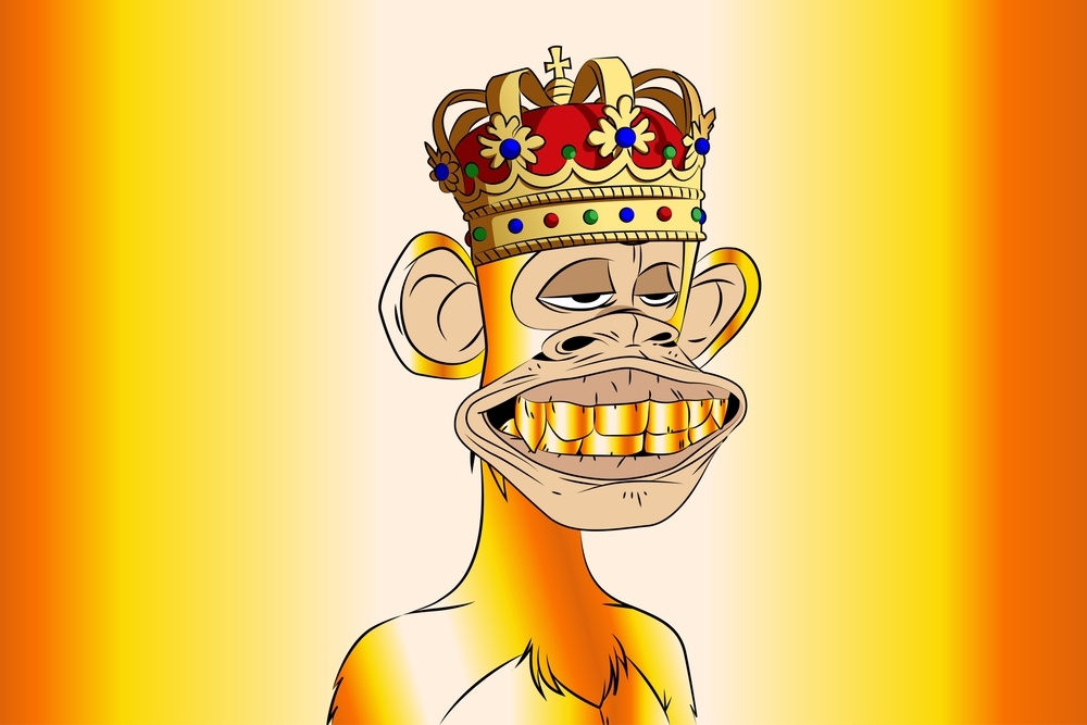 Golden bored ape king with red crown and golden teeth NFT artwork illustration