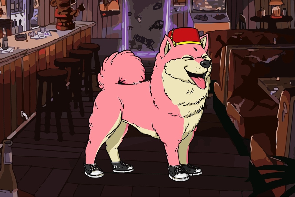 Pink shiba inu dog wearing fez hat and shoes NFT artwork illustration