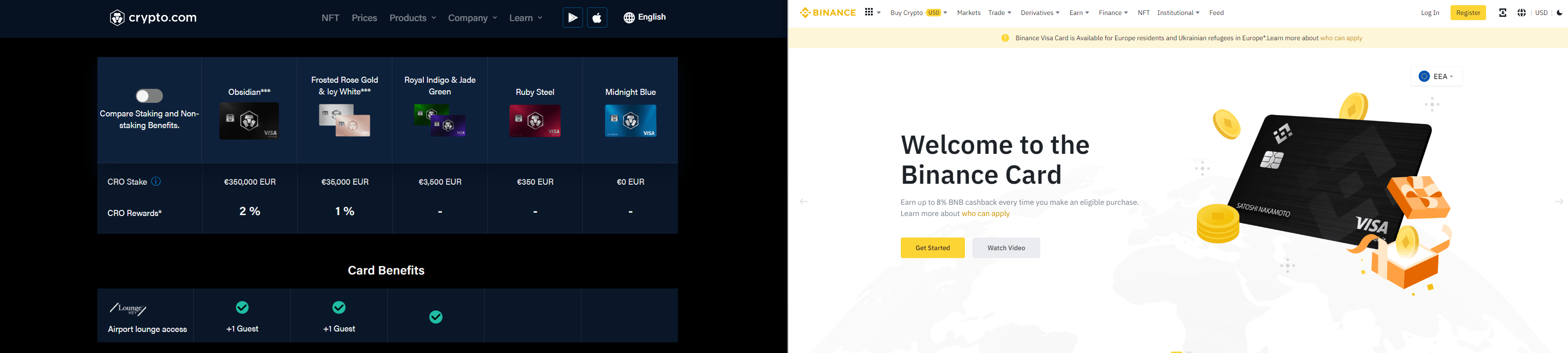 Do Binance or Crypto.com offer international Visa Card payments?