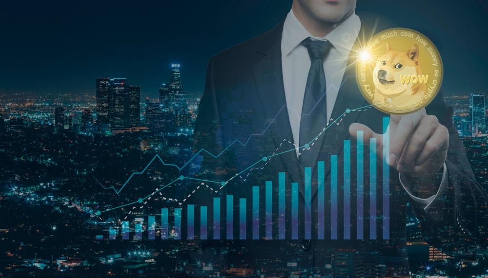 Businessman on a night city background pointing finger at virtual digital gold dogecoin and positive growth arrow.