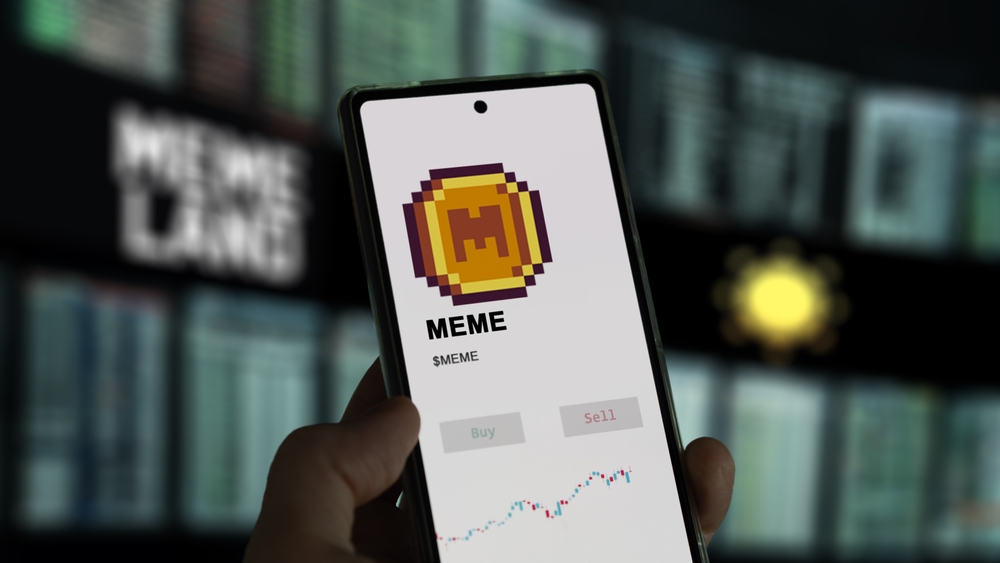 An investor analyzing the price of $MEME coin on a phone, the MEME's emblem on a stock exchange screen.