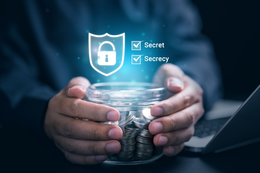 Businessman user holding jar of coins with privacy security and encryption