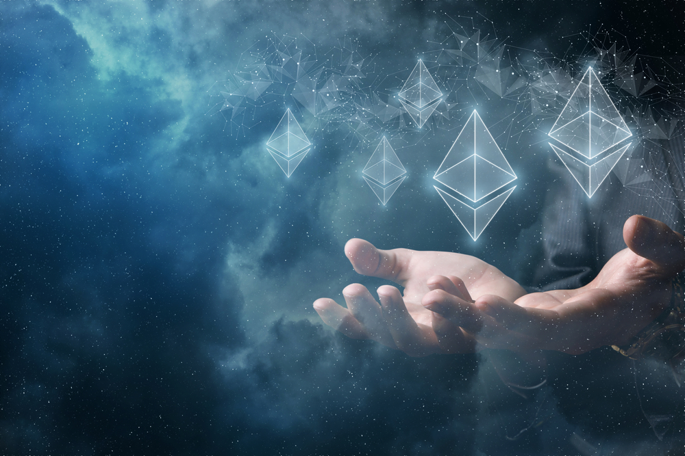 Hands support ethereum against the background of the network and space.