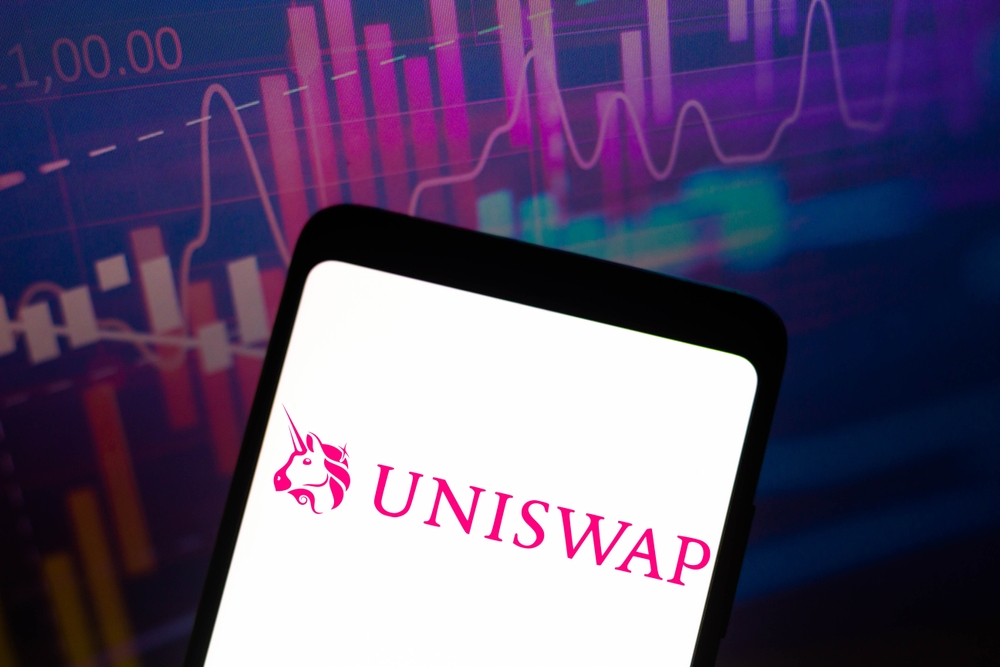 logo of the Uniswap, a cryptocurrency exchange that uses a decentralized network protocol