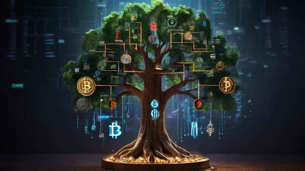digital tree with leaves as various cryptocurrencies