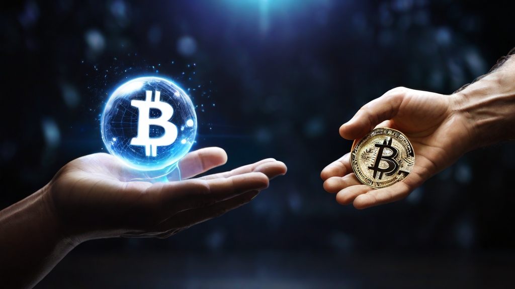 A virtual hand offering a Bitcoin to a real hand