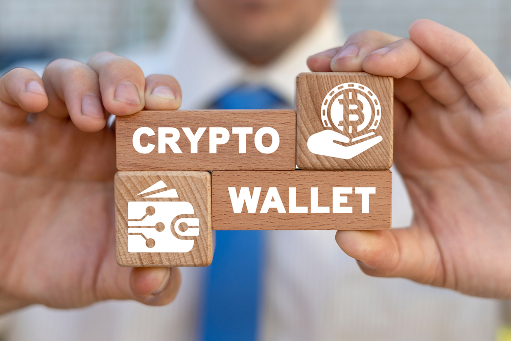 Concept of crypto wallet. Virtual purse and mobile payments. Earning money to e-wallet.