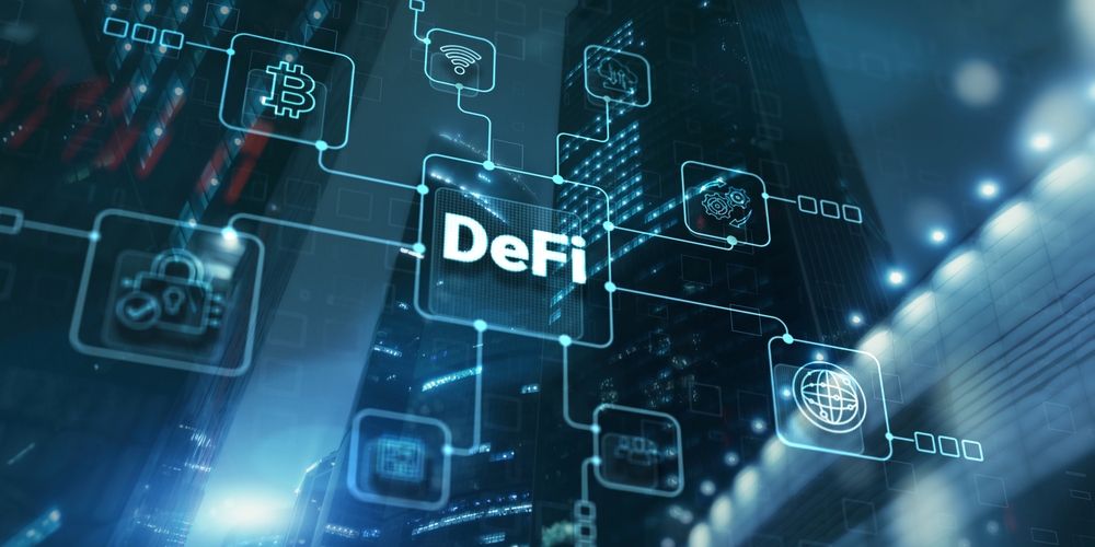 DeFi Decentralized Finance. Technology blockchain cryptocurrency concept.