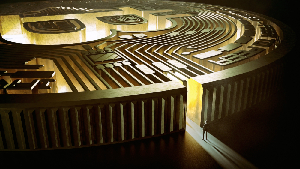 Businessman in bitcoin labyrinth. Cryptocurrency concept. Financial concept