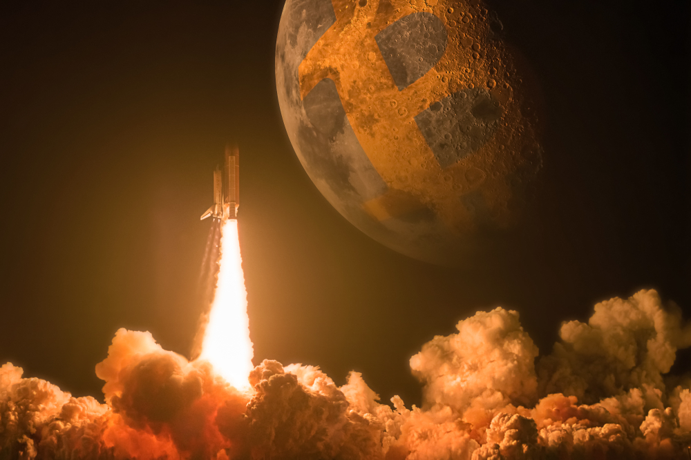 Rocket launch to moon as a Bitcoin price increase concept. The elements of this image furnished by NASA