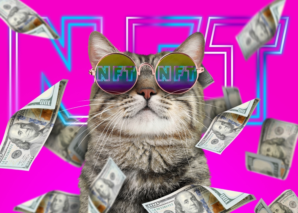 Cool cat under money shower on bright pink background. Abbreviation NFT reflecting in sunglasses