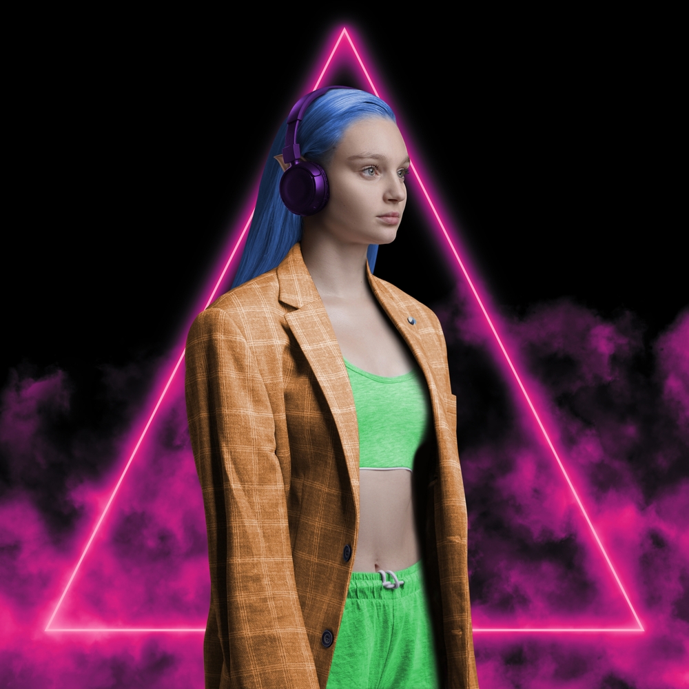 Fashion woman elf dressed in coat against colorful background