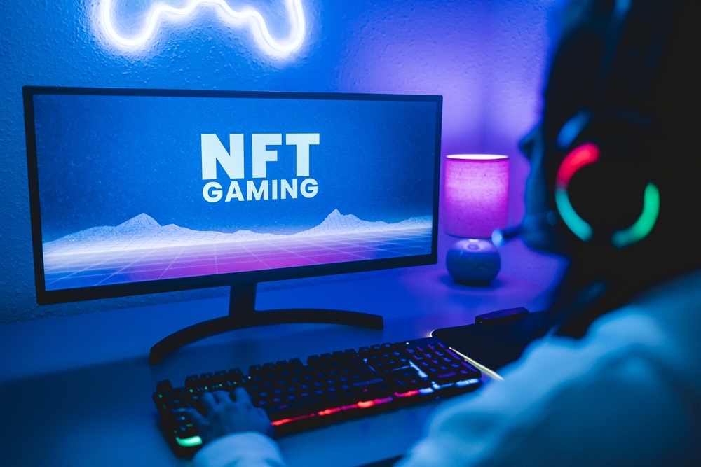 Young gamer buying NFT with token on marketplace platform for metaverse video game