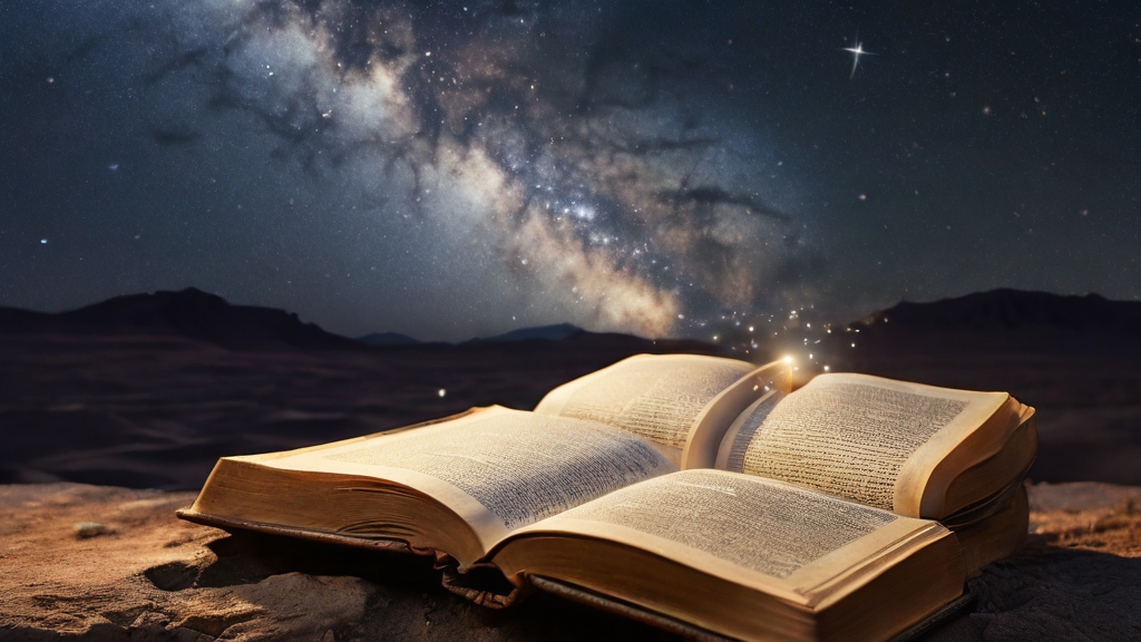 open antique book against a backdrop of the Milky Way