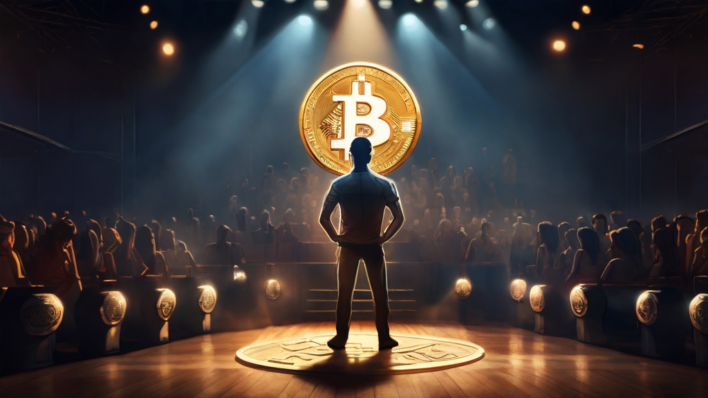 spotlight illuminating a Bitcoin on a stage