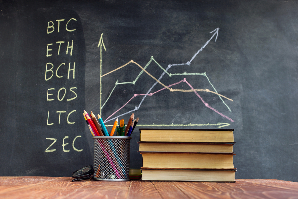 A table with books on the background of graphs on a chalkboard.