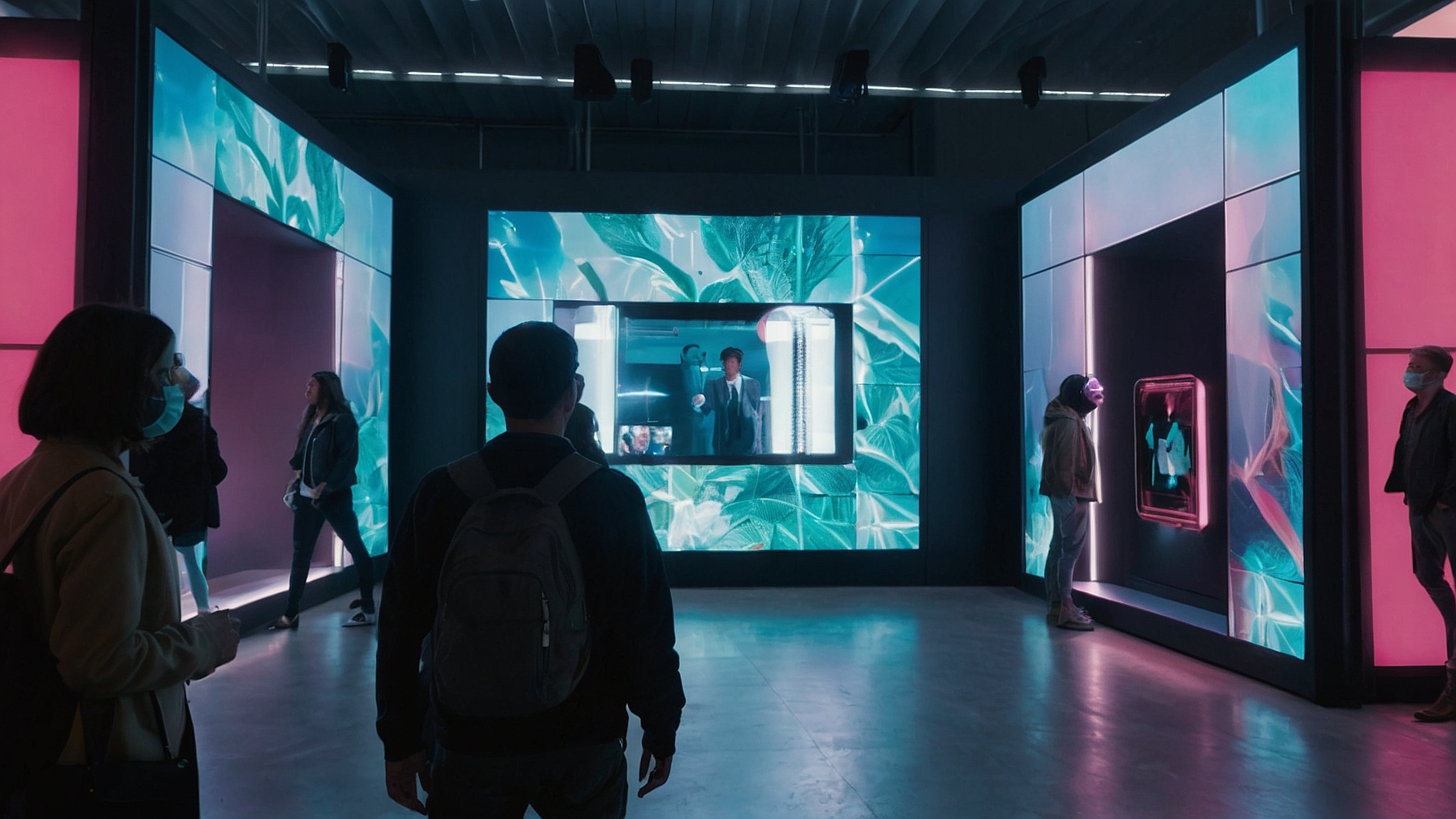 A digital art exhibit set in 2040, with AI-curated fashion NFT collections, visitors browsing in augmented reality and paying with advanced biometric crypto wallets.