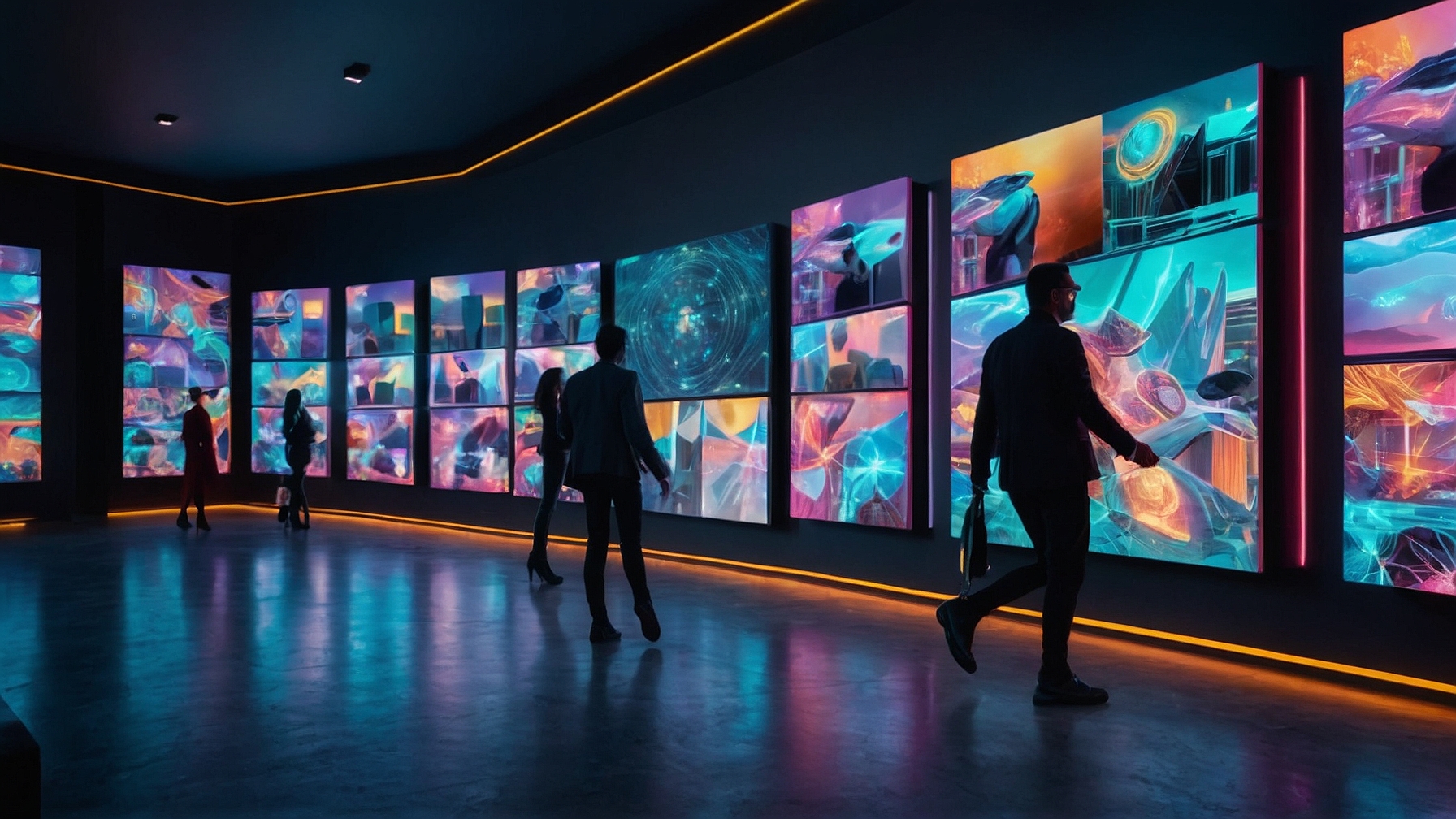 A sleek virtual gallery filled with glowing, animated NFT art pieces, collectors browsing with digital tokens in hand ready for instant blockchain transactions.