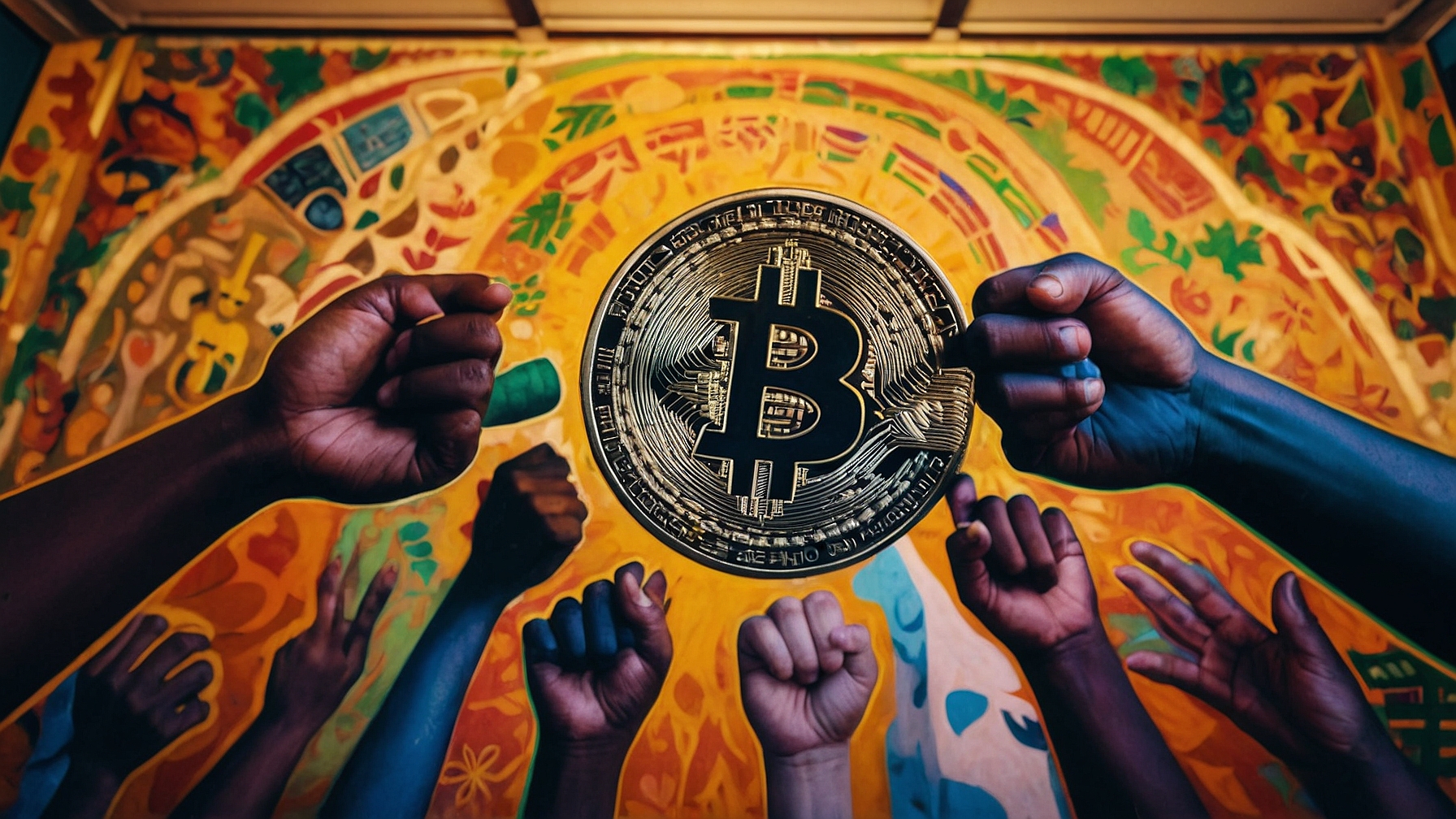 A vibrant mural depicting diverse hands lifting a Bitcoin, symbolizing unity and financial empowerment across a multicultural society.