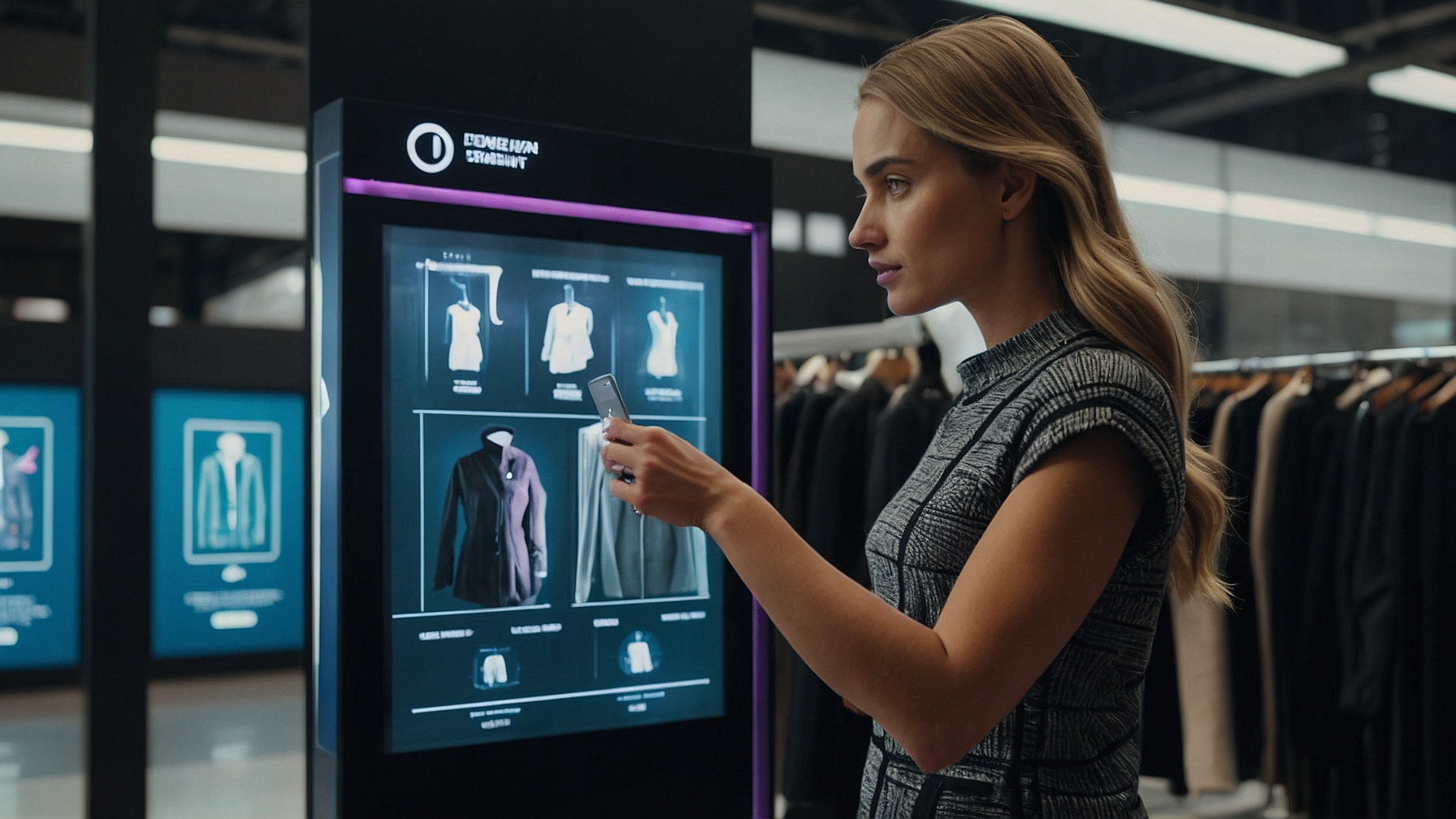 An interactive 3D display showcasing a smart garment with embedded RFID chip, fashionistas scanning for real-time tracking and proof of authenticity.