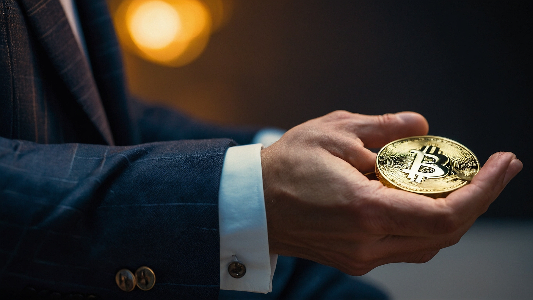 Close-up of an elegant individual in a bespoke suit, cufflinks glinting, tenderly cradling a gleaming, golden Bitcoin in their manicured hand.