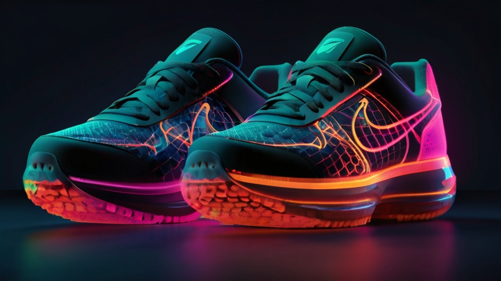 Digital transformation in fashion: Nike virtual sneakers NFT collection with neon blockchain motifs.