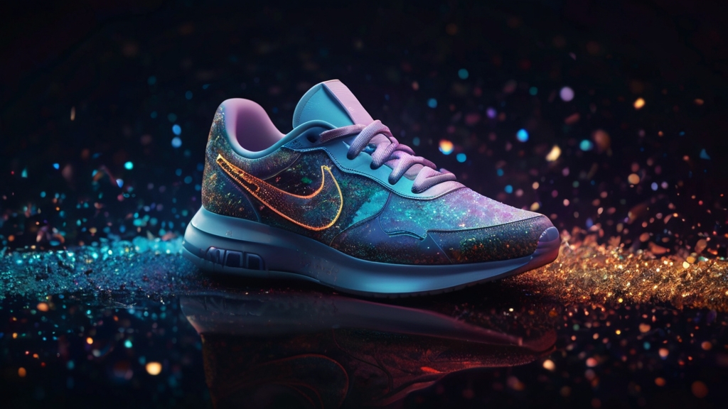 Nike's iconic swoosh logo enveloped in shimmering digital particles, as it morphs into a limited edition sneaker NFT against a background of glowing smart contracts.