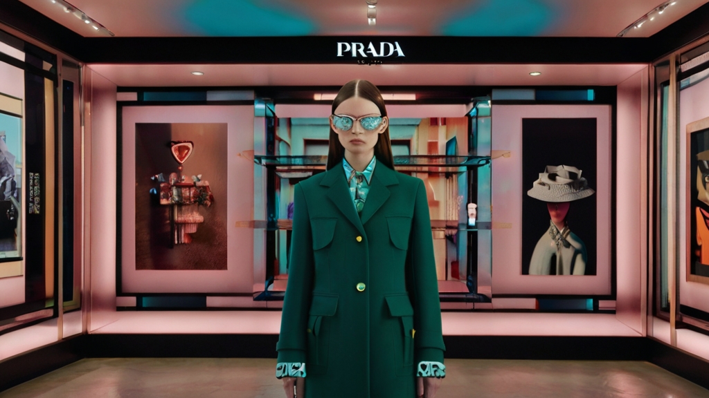 Prada's timeless elegance meets tech: a showcase of their exclusive NFT apparel line amid a backdrop of digital art galleries.