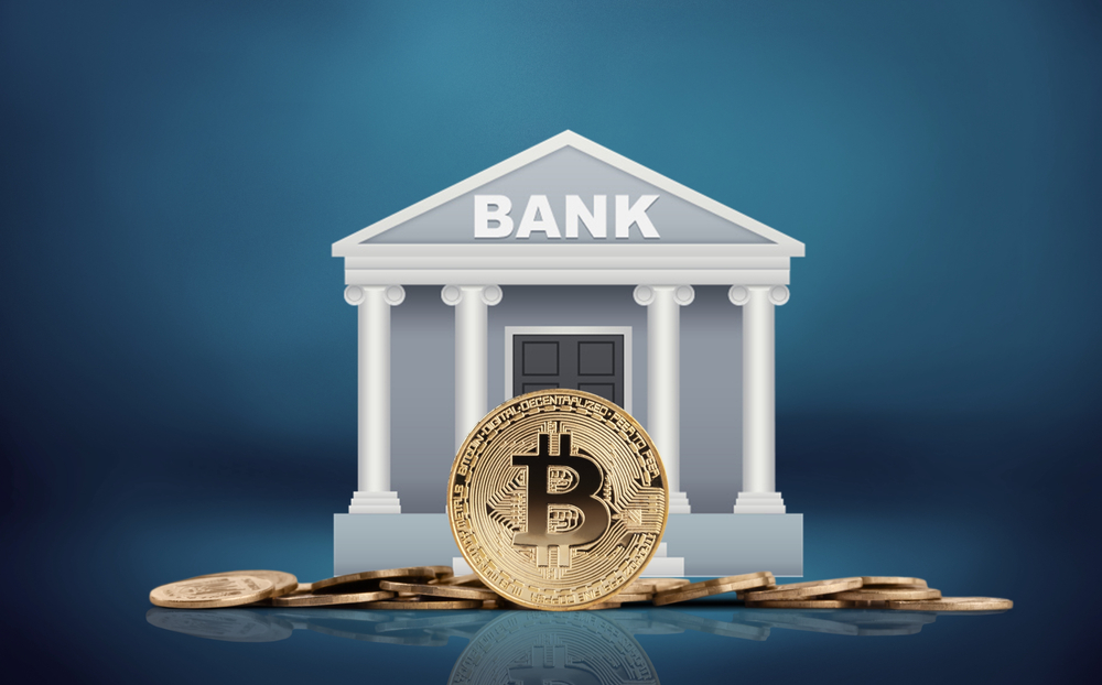 Bitcoin banking symbol. Capital, financial institutions and banks. Government regulations