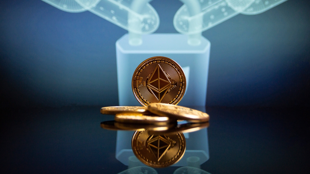 Physical Ethereum coin with a digital lock in the background