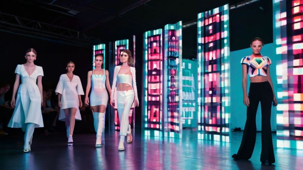 fashion runway transitioning into a pixelated digital path, with models draped in LED-infused NFT-inspired outfits