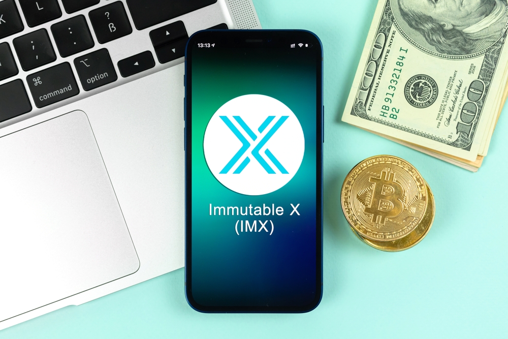 Immutable X IMX coin symbol. Trade with cryptocurrency, digital and virtual money, banking with mobile phone concept. 