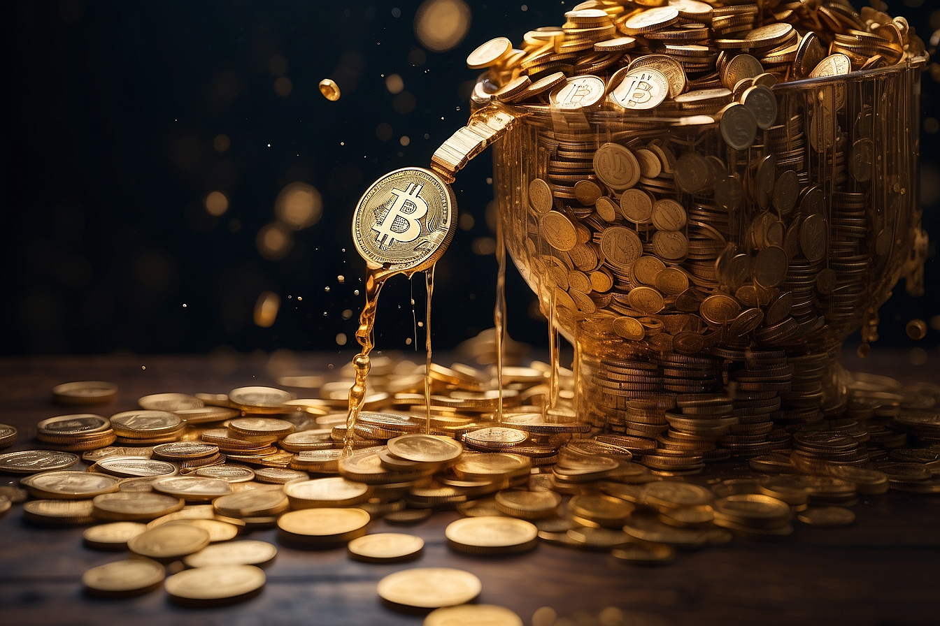 Bitcoin faucet endlessly pouring coins into an overflowing digital economy