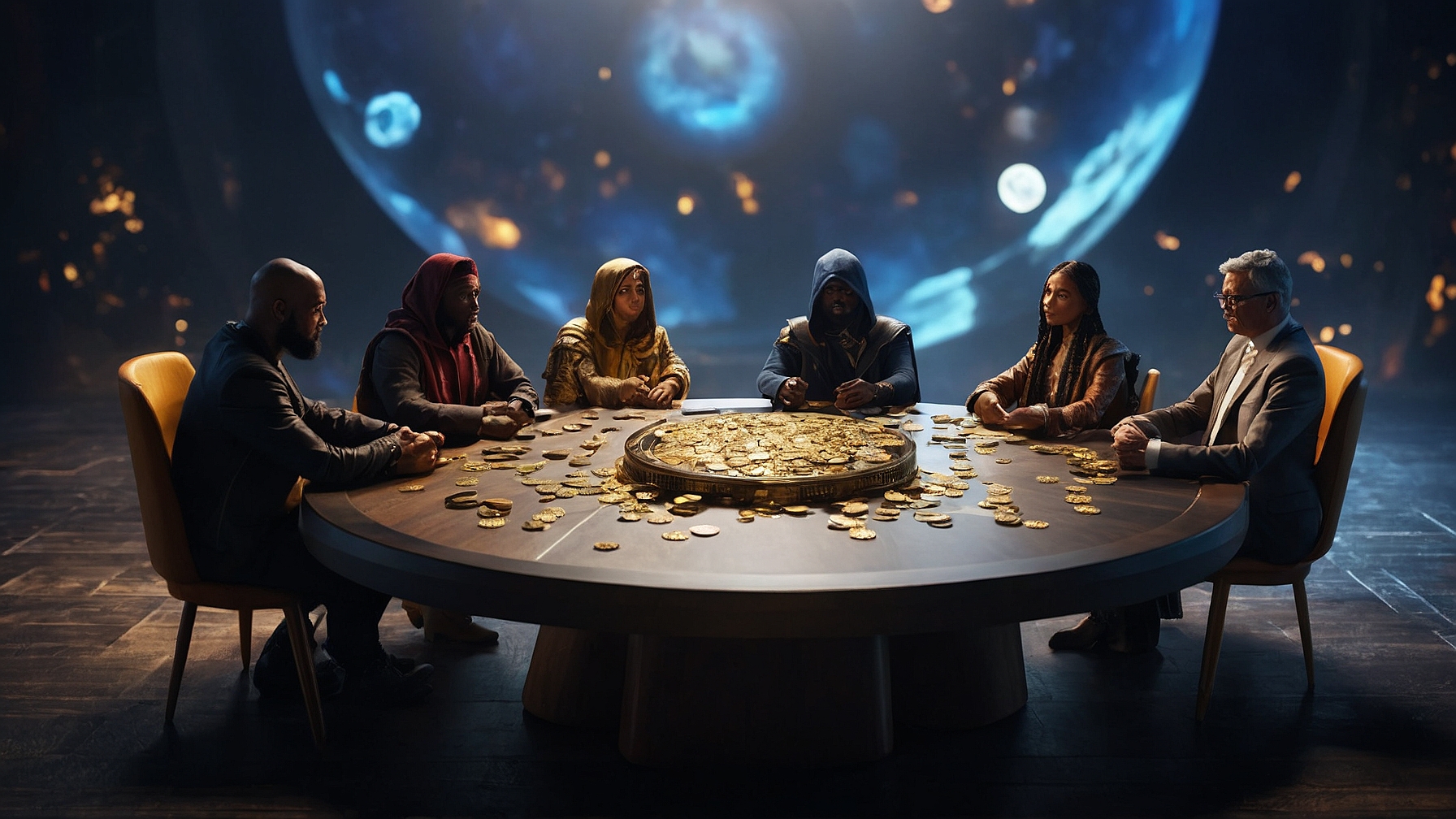 3D roundtable with diverse avatars engaged in active crypto community decision-making