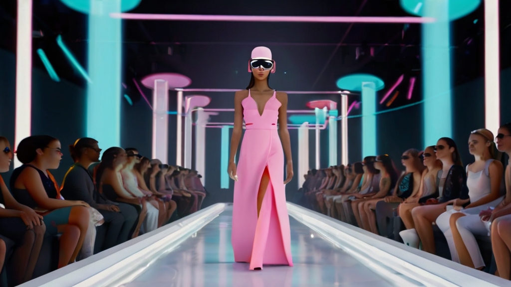 A vivid animation of a fashion show where the runway extends into cyberspace, models transition into digital avatars, and the audience wears VR headsets to view NFT apparel.