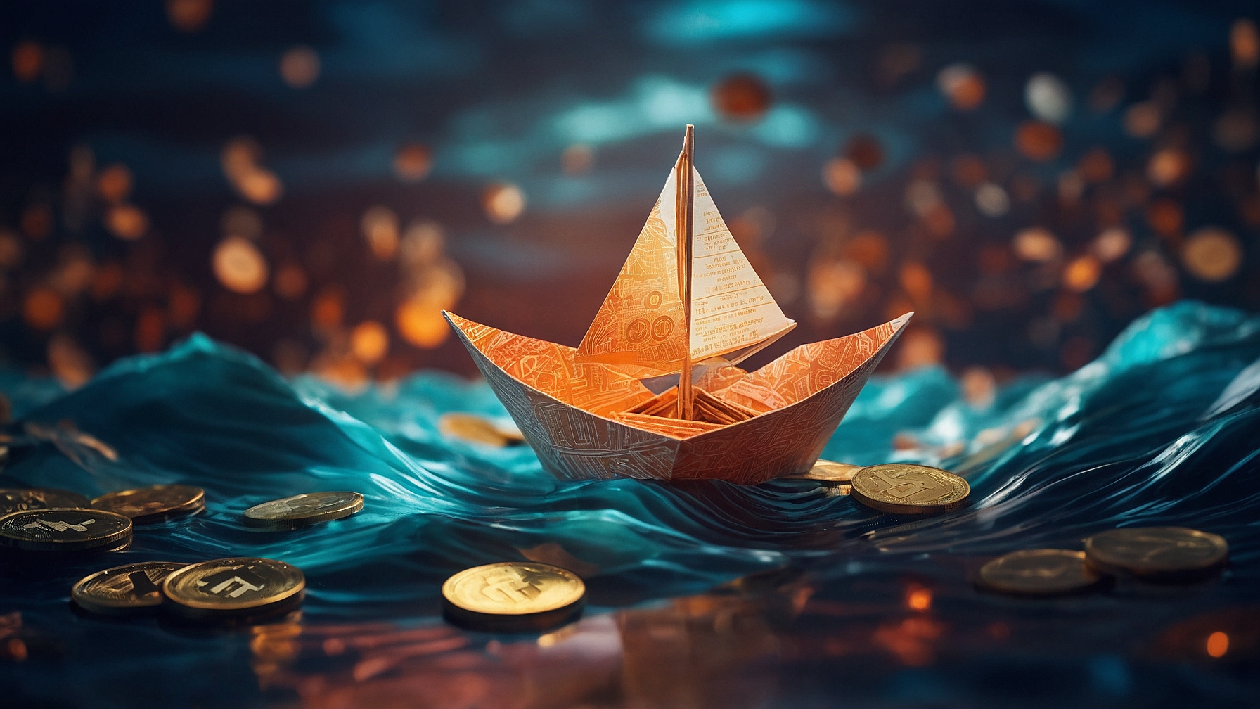 paper boat with a crypto coin sail floating on a dynamic ocean