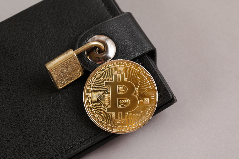 Concept Of Virtual Wallet And Bitcoins. Gold bitcoin and padlock
