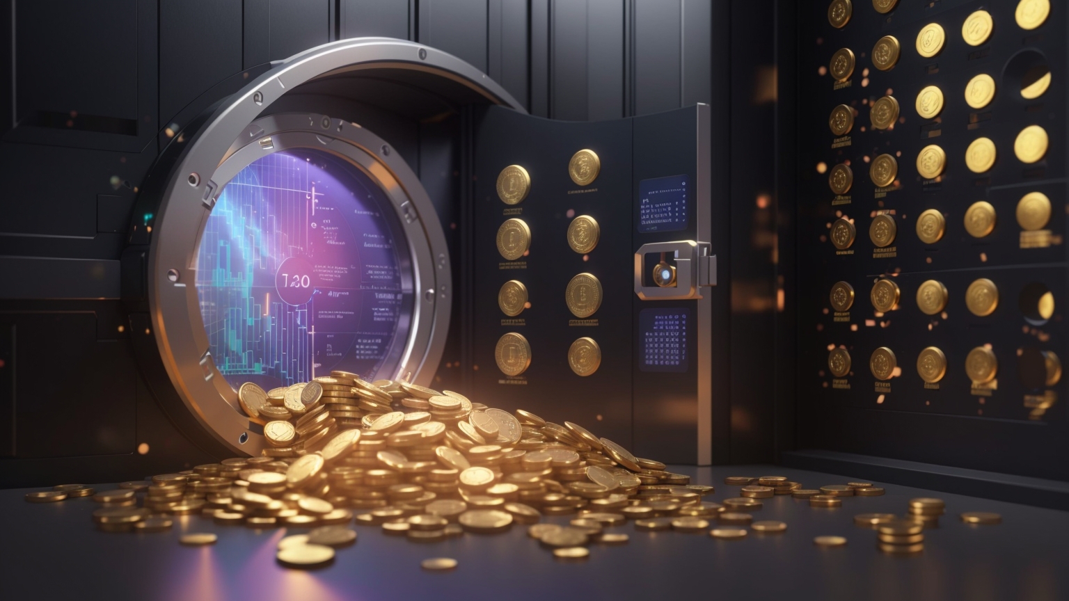 A 3D digital vault door opening to reveal a shining pile of various crypto coins.