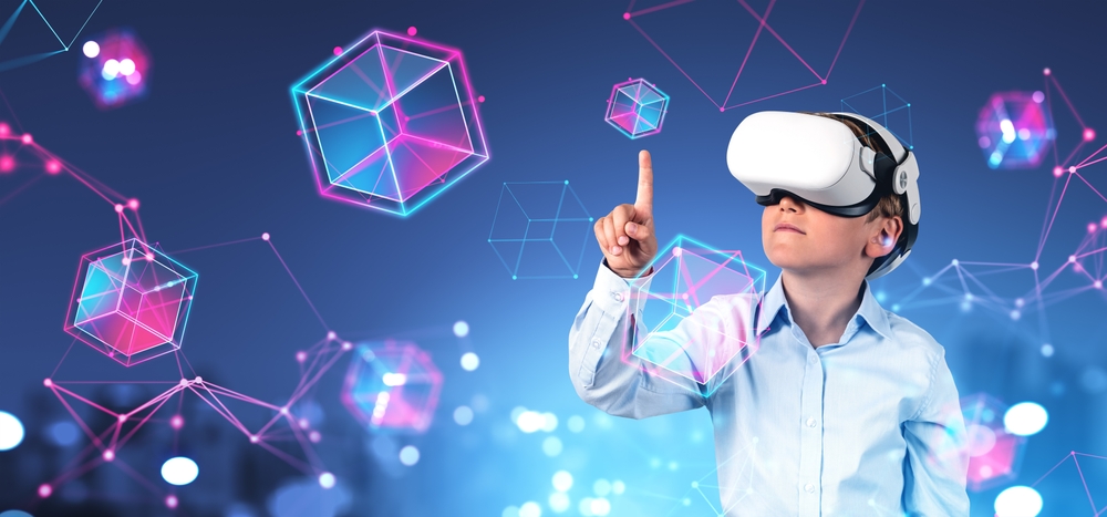 Portrait of kid schoolboy in VR virtual reality headset using immersive blockchain interface over blurry cityscape background. 
