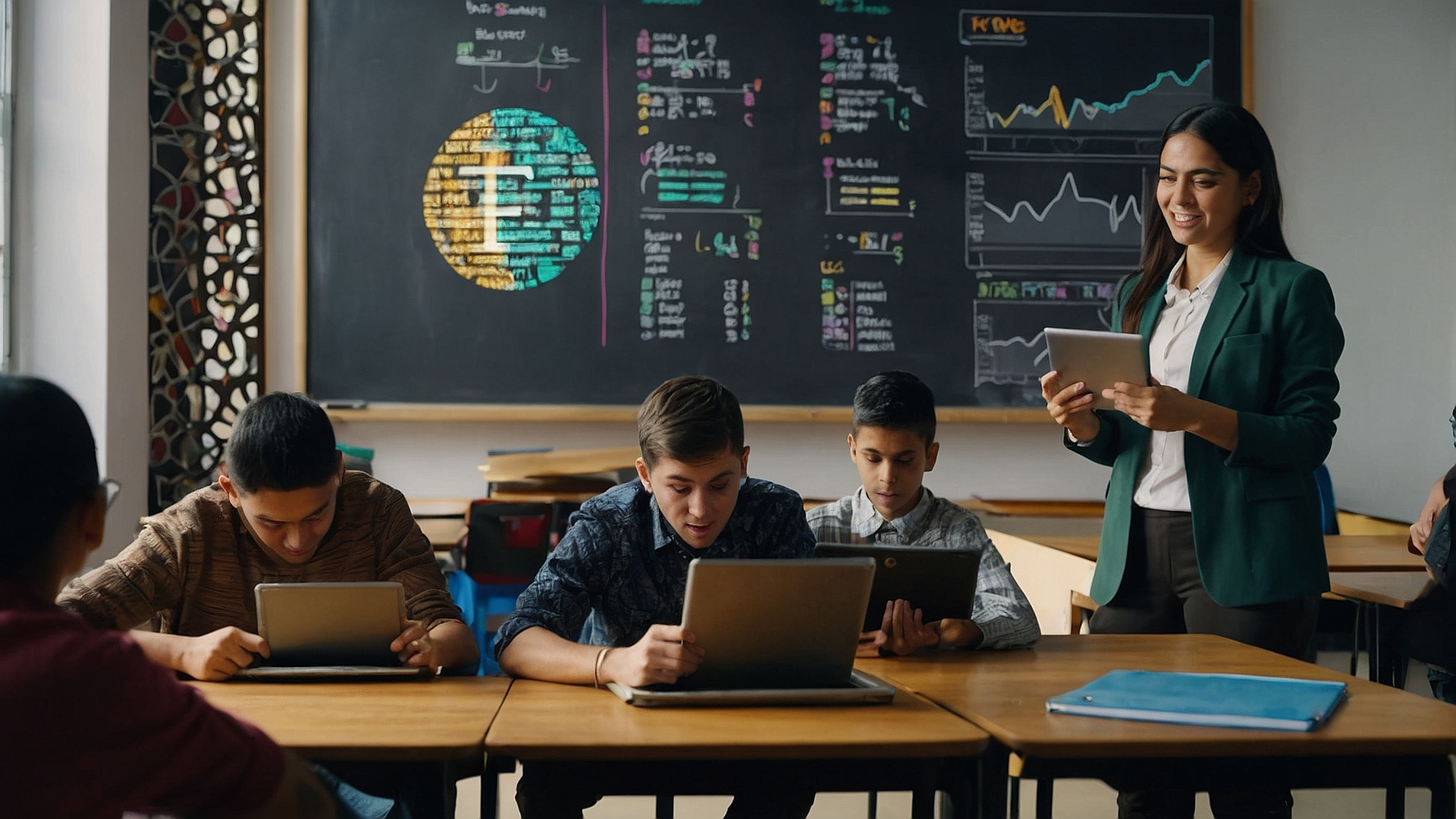A vibrant classroom scene with an enthusiastic expert teacher explaining cryptocurrency concepts on a digital blackboard, students engaged with interactive learning tablets.