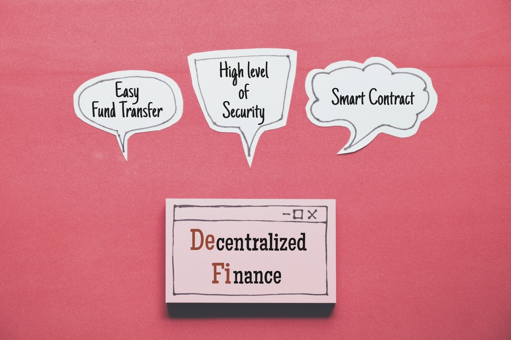Hand drawn web browser with the text Decentralized Finance (DeFi) and it's key advantages in speech bubbles. 