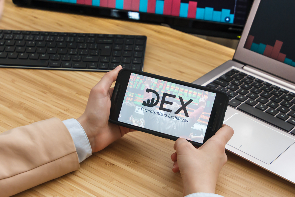 DEX Cryptocurrency Exchange Market. Female Trader Hands Holding the Smartphone Using Application. 