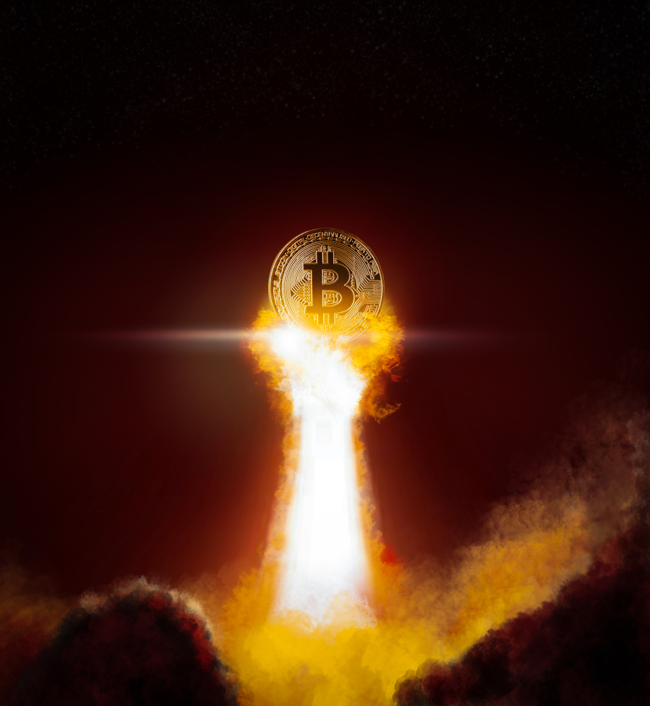 Gold bitcoin coin getting up in the sky with fire and smoke at the night. Concept of mining and cryptocurrency money rate