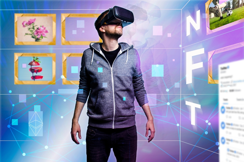 NFT concept, man standing with VR goggles looking for digital art to buy online.