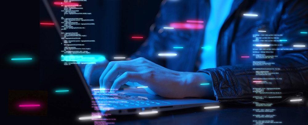 Business man computer hand close up futuristic cyber space finance AI 