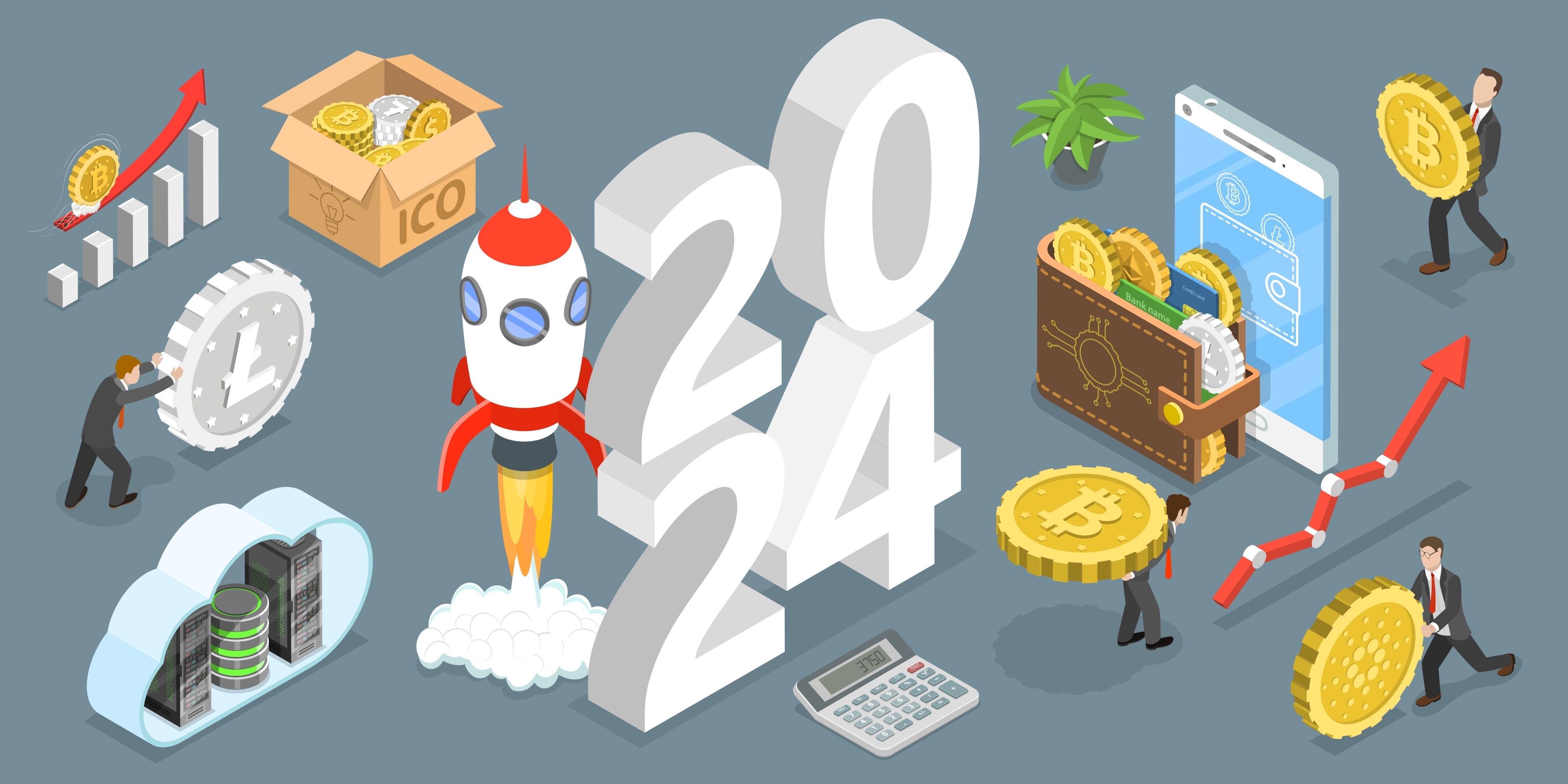 3D Isometric Flat Vector Conceptual Illustration of New Year 2024 Cryptocurrency Trends