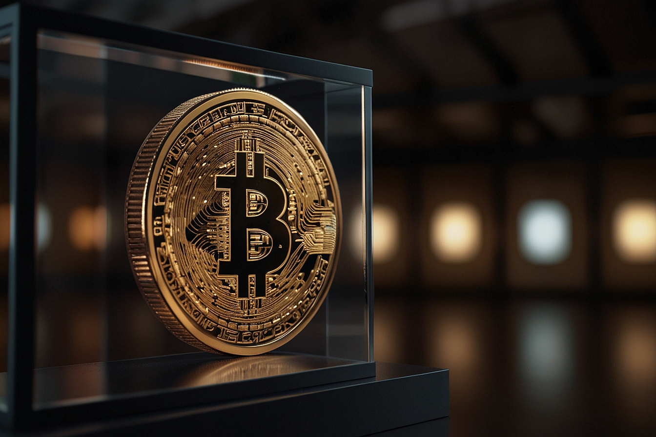 Bitcoin coin adorned with intricate ordinal inscriptions, each glowing to represent an NFT